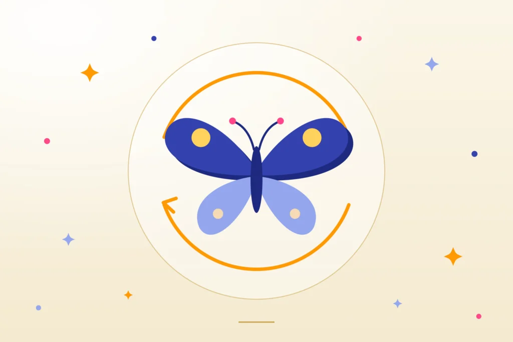 Motyl w kręgu strzałek, symbol kolejnych wcieleń
