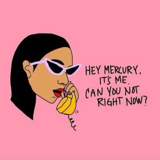 Ilustracja: kobieta w kocich okularach mówi przez żółty telefon, obok napis Hey Mercury, its me, can you not right now