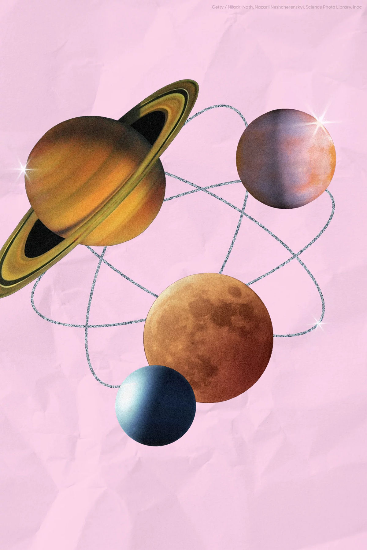 Kolaż planet Układu Słonecznego połączonych orbitami na różowym tle